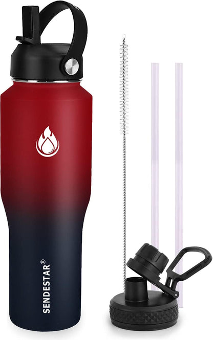SENDESTAR 32oz Stainless Steel Water Bottle - Wide Mouth, Vacuum Insulated, Fits Car Cup Holders - 2 Lids Included