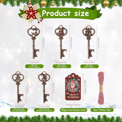 Christmas Bottle Opener Keychain Set with Santa Snowman Tree Bell Reindeer and Cards