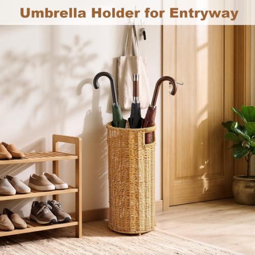 Yellow-Brown Rattan Umbrella Holder Stand for Entryway, 17" Tall Indoor