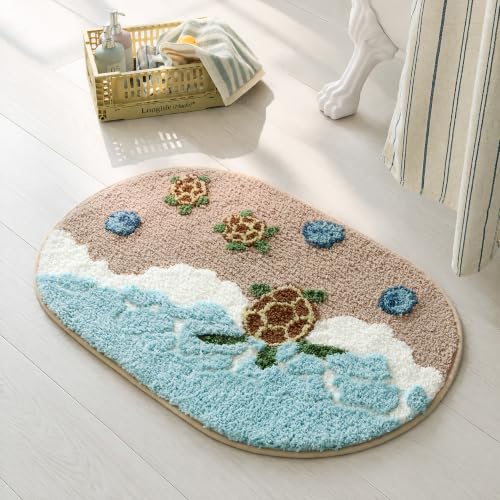 Sunfly Coastal Beach Bath Mat with Turtle Pattern, 22x34in - Kids & Nautical Decor