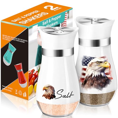 Salt and Pepper Shakers Set,4 oz Glass Bottom Salt Pepper Shaker with Stainless Steel Lid,4th of July Decorations for Kitchen Home Refillable Design