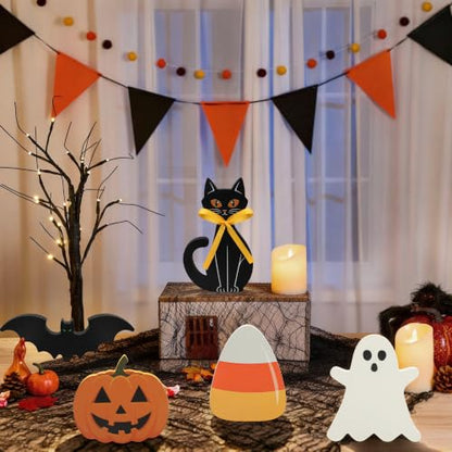 Halloween Wooden Decor Signs Set - Ghost Pumpkin Bat Black Cat Candy Corn