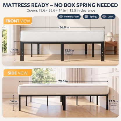 Black Queen Bed Frame with Storage, Metal Platform, Noise-Free Support