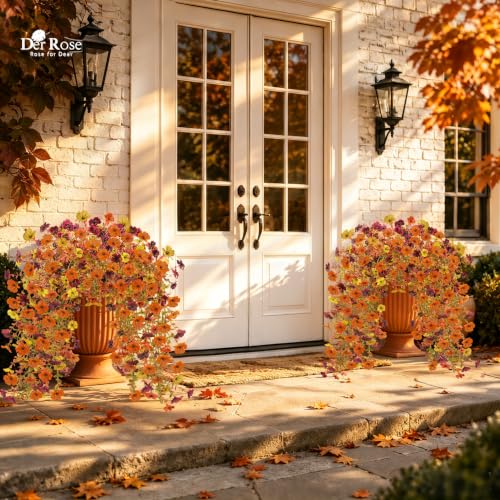 Artificial Mums for Outdoors - Full 16-Branch Fall Flower Bundles with Large Blooms - Yellow, Orange, Burgundy - Variation 2