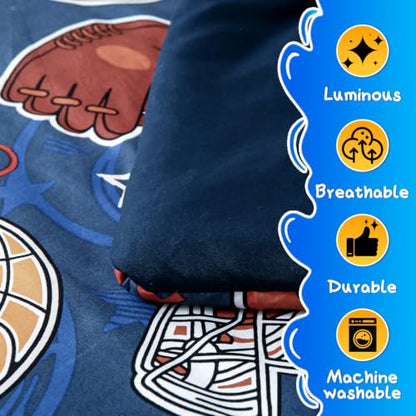 Glow in the Dark Blue Soccer Basketball Bedding Set Full Size for Boys Teen - 4 Pieces with Comforter Pillow Sham