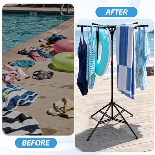 Outdoor Pool Towel Rack with 6 Foldable Arms & Adjustable Height 51-71 Inch