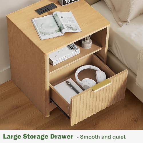 Marsail Natural Oak 2-Pack Fluted Nightstands with Drawers, Built-in Charging Station