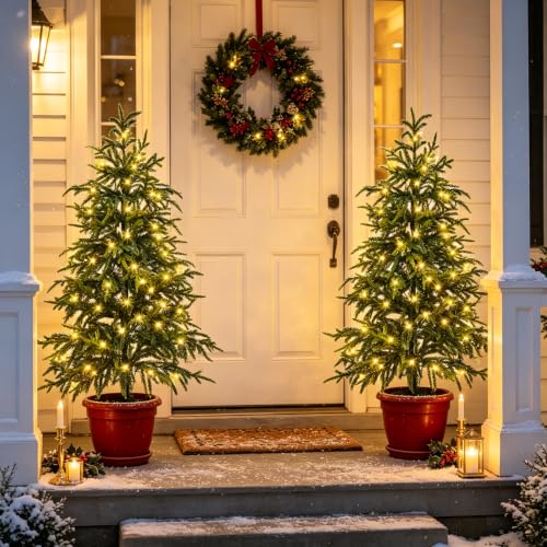 4 FT Pre-Lit Artificial Norfolk Christmas Tree Set - Potted, 2 Pack