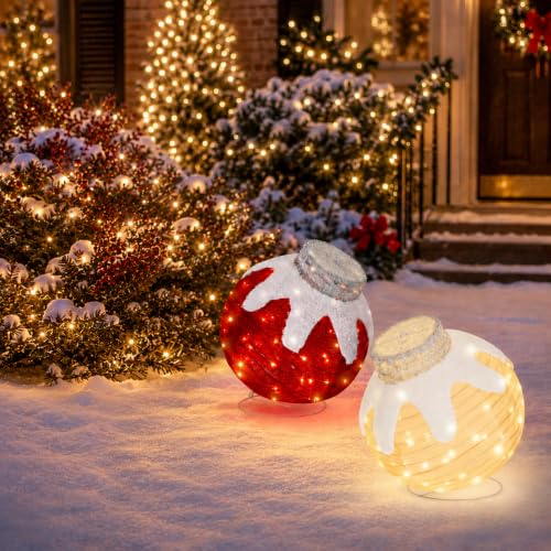 Lighted Outdoor Christmas Ornaments Set - Red & Beige 2 Pack with 160 LED Lights