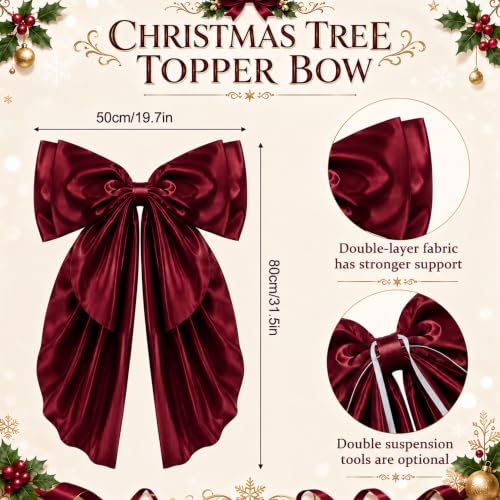 Burgundy Large Christmas Bow Tree Topper 20x32 Inch Satin Holiday Decoration