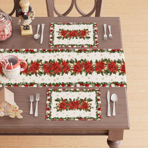 Christmas Poinsettias Leaves Bells Snowflakes Holiday Placemats Set of 4 12x18 Inch