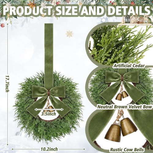 Small Christmas Wreaths with Olive Green Velvet Ribbons - 4 Pack