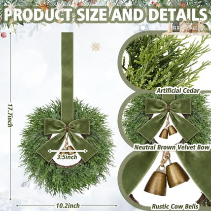 Small Christmas Wreaths with Olive Green Velvet Ribbons - 4 Pack