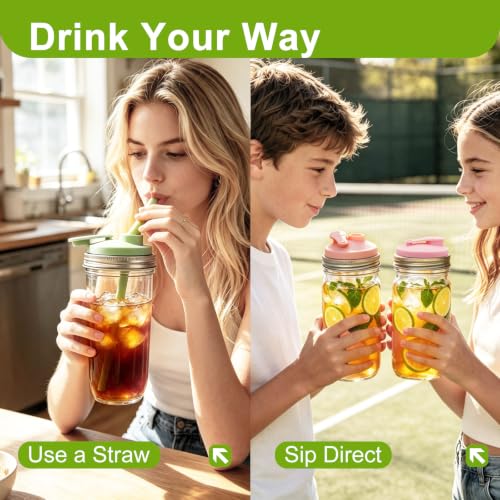Wide Mouth Mason Jar Pour Spout Lids with Silicone Straws - 2 Pack