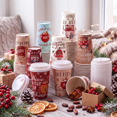 Christmas 16 Oz Hot Cocoa Coffee Cups with Lids - 120 Pieces
