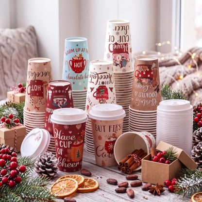 Christmas 16 Oz Hot Cocoa Coffee Cups with Lids - 120 Pieces
