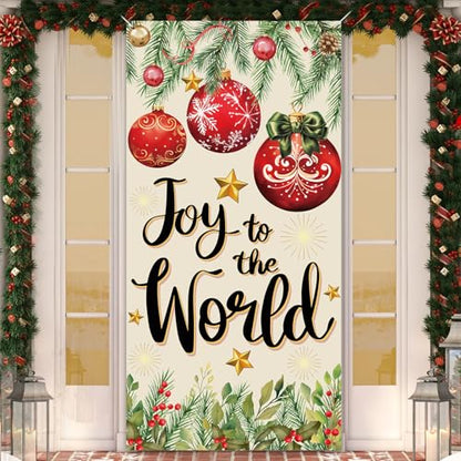 Christmas Door Cover Backdrop 35x71 Inches – Festive Xmas Balls & Pine Cones Decor