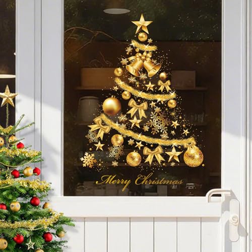 Christmas Window Clings - Golden Christmas Tree Wall Stickers, 2 Sheets, Holiday Decor