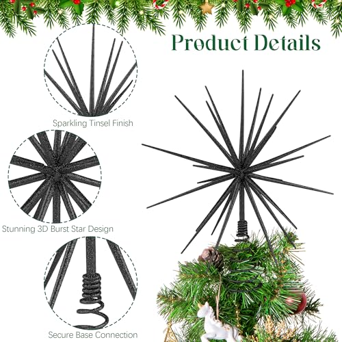 Black Christmas Starburst Tree Topper 13.8 Inch Glittered Burst Decoration