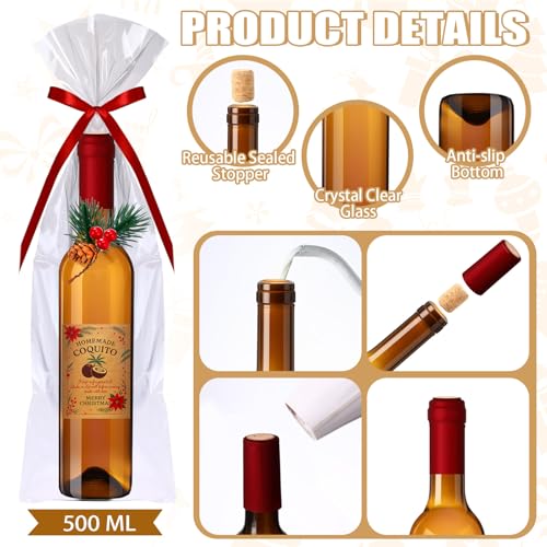 12 Pcs 17 oz Christmas Coquito Glass Bottles with Cork Lids - Brown Variant