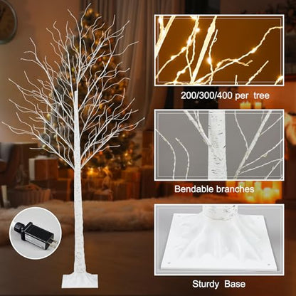 Lighted Birch Tree Decoration - 3ft 4ft 5ft with Warm White LEDs, 8 Modes, Timer