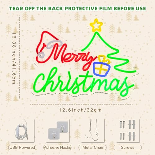 Green Merry Christmas Neon Sign for Decor, USB Powered Wall Light 16.4x12.6 Inches