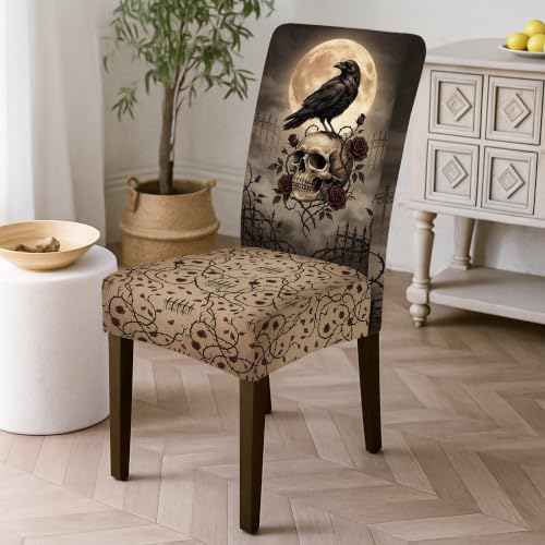 Black Skull Chair Covers for Dining Chairs - Gothic Roses Crow Halloween 6pcs