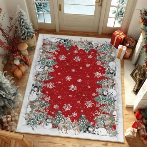 Red Snowman Deer Christmas Area Rug 5x7 Feet Winter Home Decor Washable Entryway Bedroom Living Room