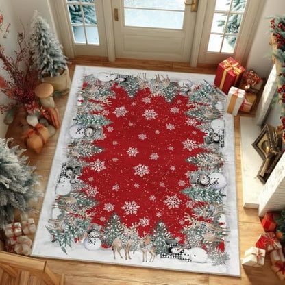 Red Snowman Deer Christmas Area Rug 5x7 Feet Winter Home Decor Washable Entryway Bedroom Living Room
