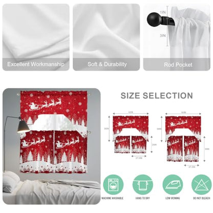 Christmas Reindeer Window Curtain Set with Valances - Red & White, 3 Pieces, 27.5"W x 36"L, Holiday Decor