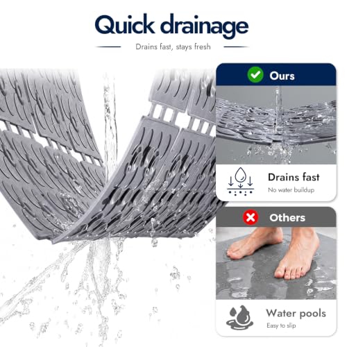 Non Slip Shower Mat 31.5 x 16 Inches Grey - TPE Bath Mat with Suction Cups