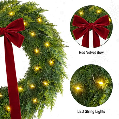 Pre-Lit Christmas Wreath 22 Inch with Red Velvet Bow - Green & Red