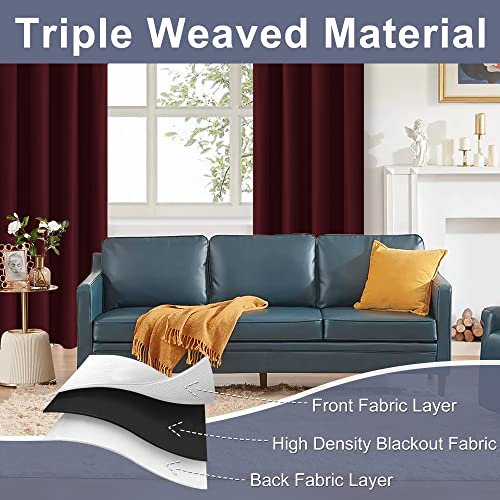 Burgundy Blackout Curtains for Bedroom - Thermal Insulated Room Darkening Noise Reducing, 52 x 63 Inch Set of 2 Panels with Tiebacks