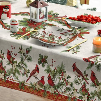 Christmas Tablecloth 60 x 84 Inch Rectangular Red & Green Cardinal Bird