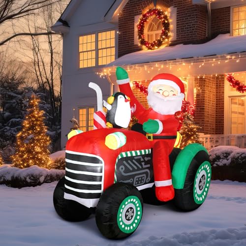 5ft Christmas Inflatable Santa Tractor with Penguin & Lights Outdoor Yard Decor