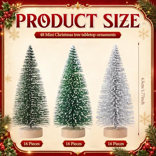 Mini Christmas Tree Bottle Brush Set - 48 Pcs, 1.8 Inch, Sage Green, Evergreen, Silver