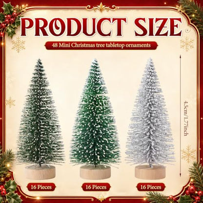 Mini Christmas Tree Bottle Brush Set - 48 Pcs, 1.8 Inch, Sage Green, Evergreen, Silver