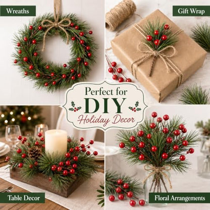 Holly Berry Stems - 96 Artificial Christmas Greenery Picks for Crafts