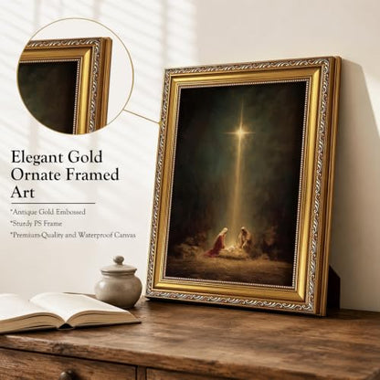 Vintage Gold Framed Nativity Canvas Wall Art - Jesus Birth Scene, 16x12 in