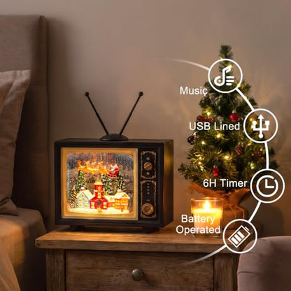 Christmas Snow Globe TV Lantern with Music & Light, 9-Inch Santa & Reindeer Scene