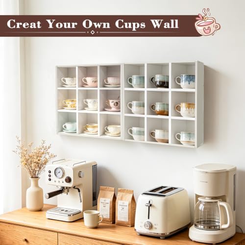 White 9-Grid Coffee Mug Wall Display Rack, Floating Organizer Shelf