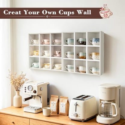 White 9-Grid Coffee Mug Wall Display Rack, Floating Organizer Shelf