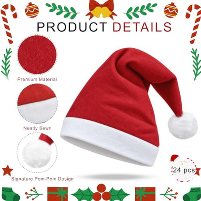 Christmas Santa Hats with White Trim and Pom Pom - Unisex Holiday Costume, 24 pcs