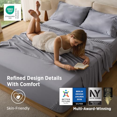 Bedsure Deep Pocket King Sheets - Non Slip Fit for Up to 18" Mattresses, Grey