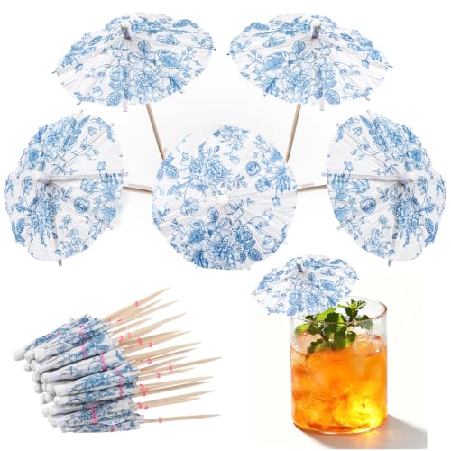 100 Pcs Blue Floral Cocktail Umbrellas & Toothpicks - Vintage Chinoiserie Design