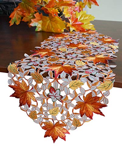 Fall Halloween Table Runner 13x36 Inches with Embroidered Pumpkins and Maple Leaves - Autumn Decor