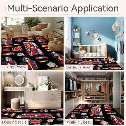 Fire Engine Theme Area Rug for Kids Playroom 4x5ft - Red Firefighter Rescue Carpet
