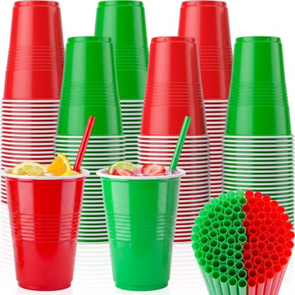 Christmas Red Green Plastic Disposable Cups with Straws - 120 Pcs Set