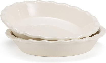 KooK Ceramic Pie Pan - Reusable 9-Inch Round Baking Dish | Deep Wave Edge for Quiches & Tarts - Set of 2, Ivory
