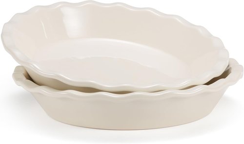 KooK Ceramic Pie Pan - Reusable 9-Inch Round Baking Dish | Deep Wave Edge for Quiches & Tarts - Set of 2, Ivory